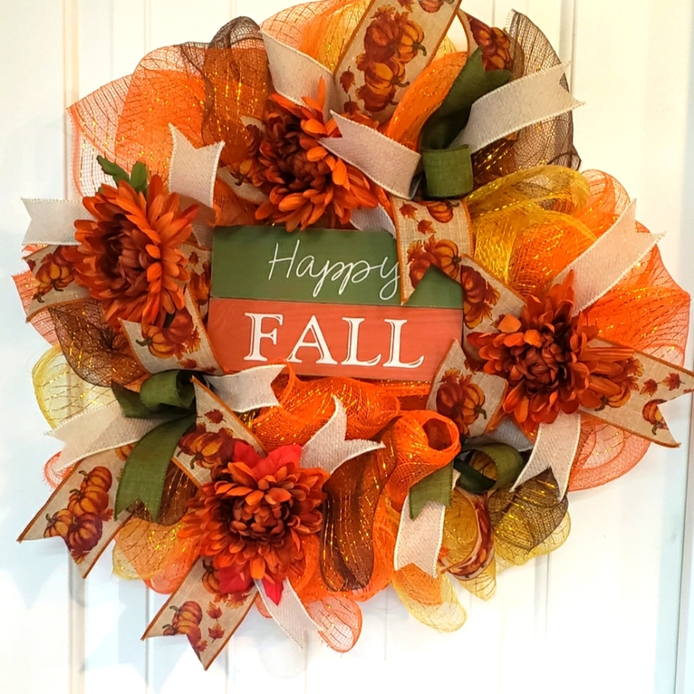 "Happy Fall" sign fall mesh wreath